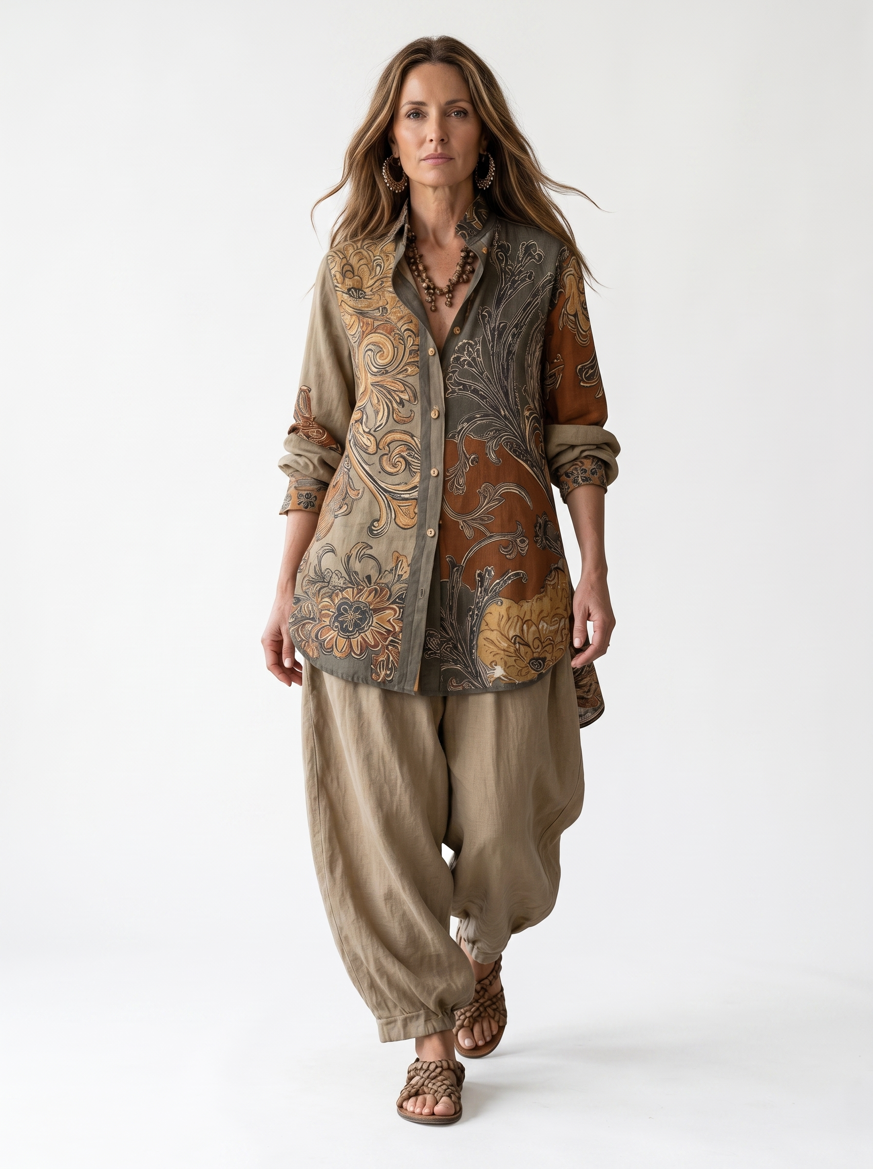 NATHALIE - ensemble chemise imprimee et pantalon en lin, coloris beige, vue de face
