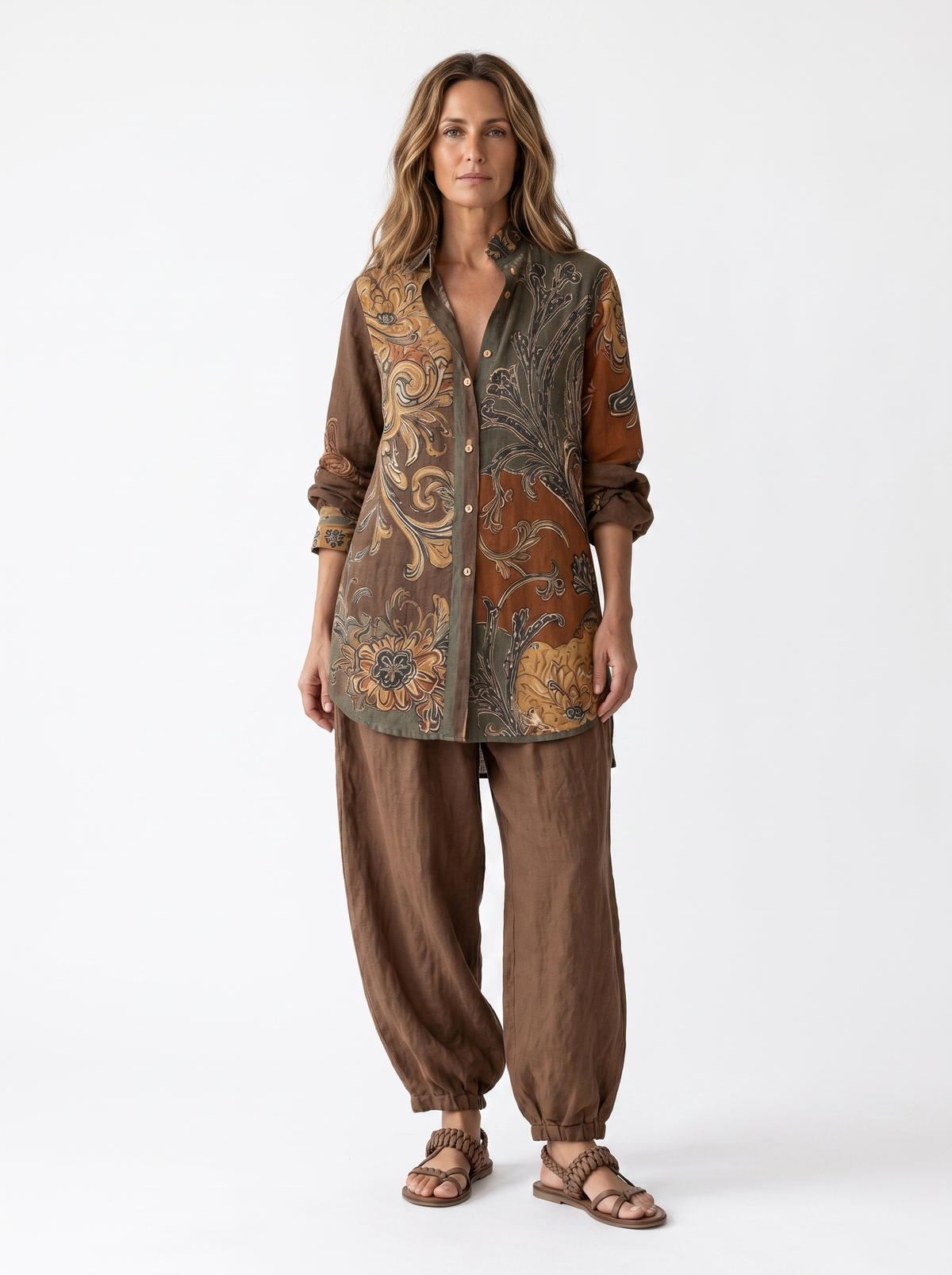 NATHALIE - ensemble chemise imprimee et pantalon en lin, coloris marron, vue de face