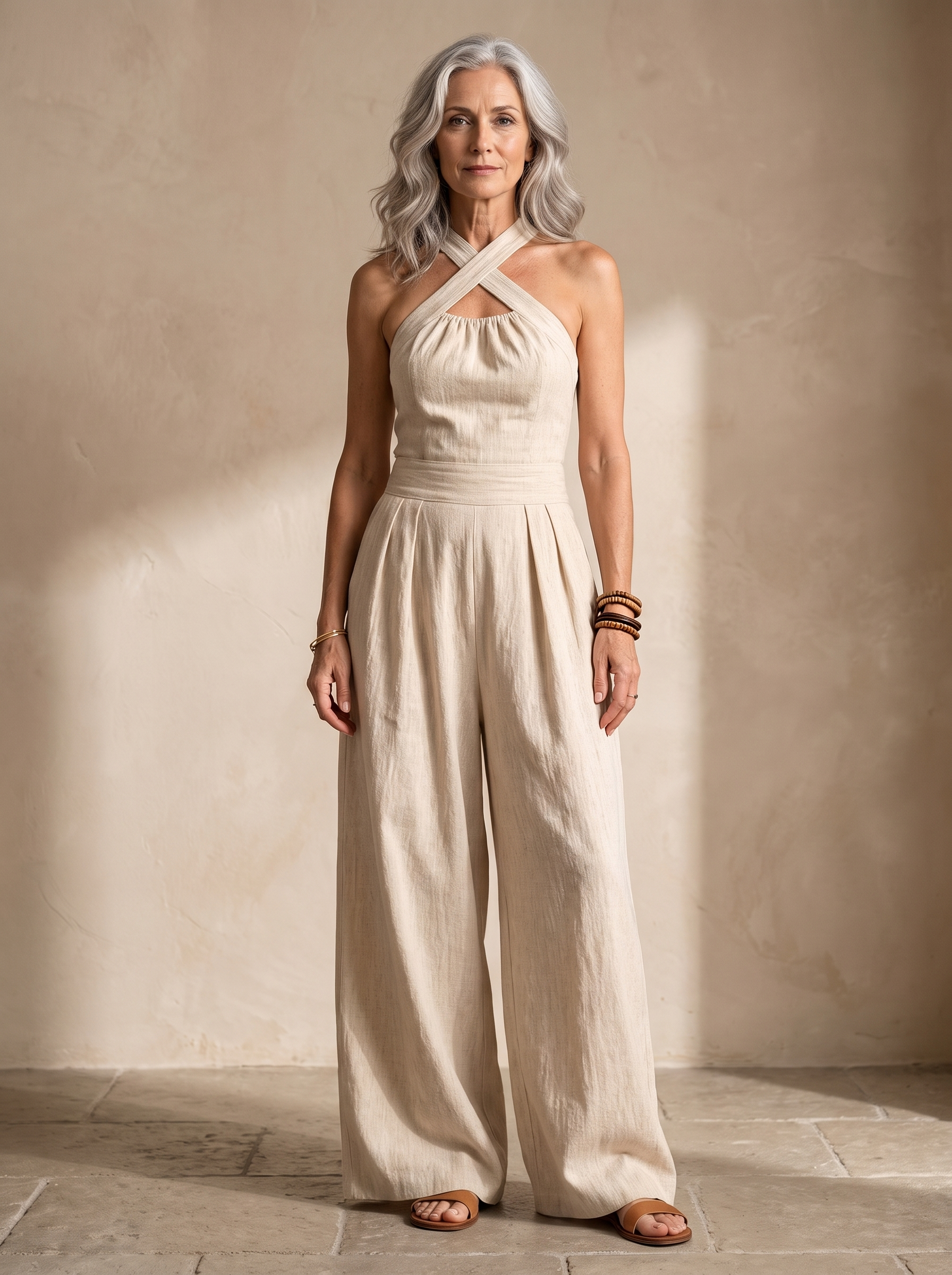 Salopette BIANCA beige en lin et coton, bretelles croisees et jambes larges, portee de face