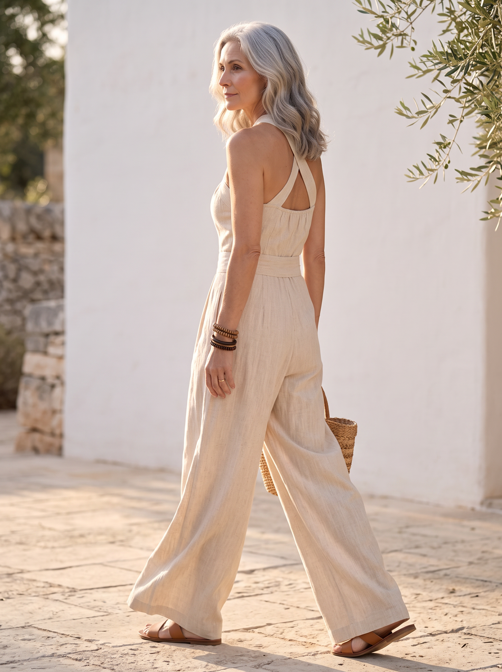 Salopette BIANCA beige portee de dos sur une terrasse mediterraneenne, bretelles croisees dans le dos