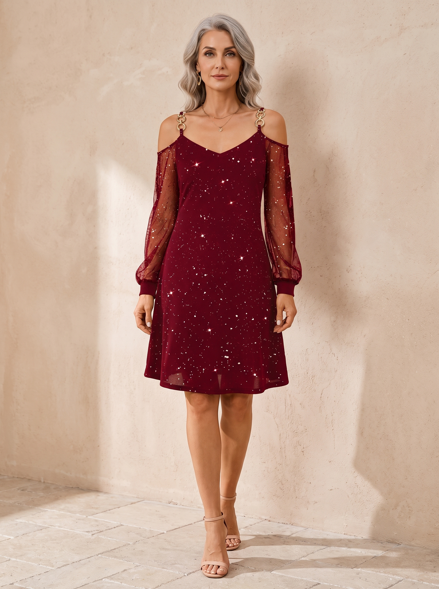 Robe ANOUK rouge à imprimé étoilé et manches en maille, coupe trapèze longueur genou