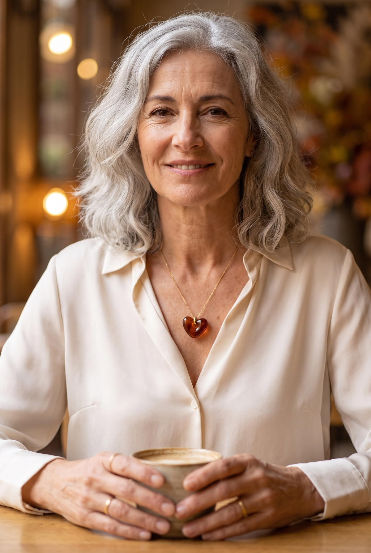 ELSA — collar de cadena dorada con colgante de corazón de acetato marrón carey, en un café en otoño