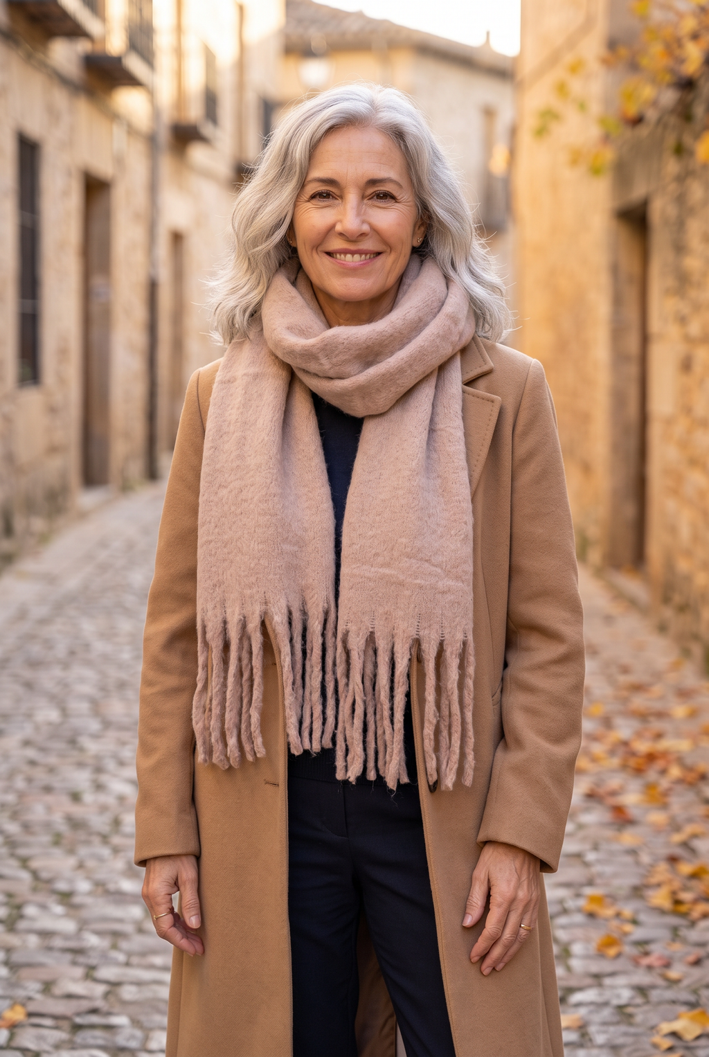BÉRÉNICE — bufanda suave y gruesa color topo con flecos largos, por una calle empedrada en otoño