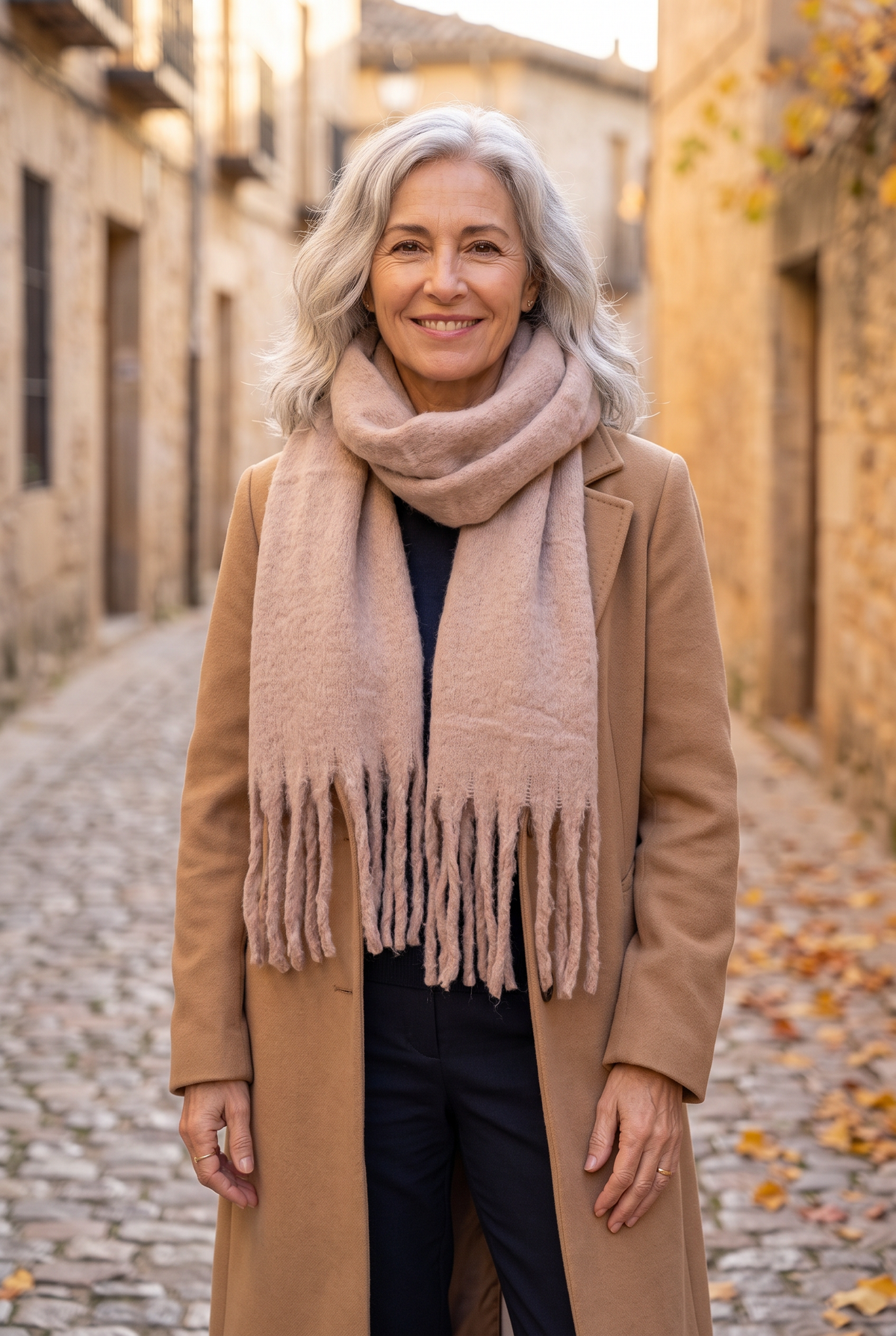 BÉRÉNICE — bufanda suave y gruesa color topo con flecos largos, por una calle empedrada en otoño