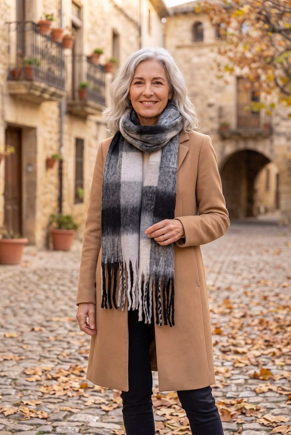 CAPUCINE — bufanda supersuave de cuadros negro y gris con flecos, por una calle empedrada en otoño