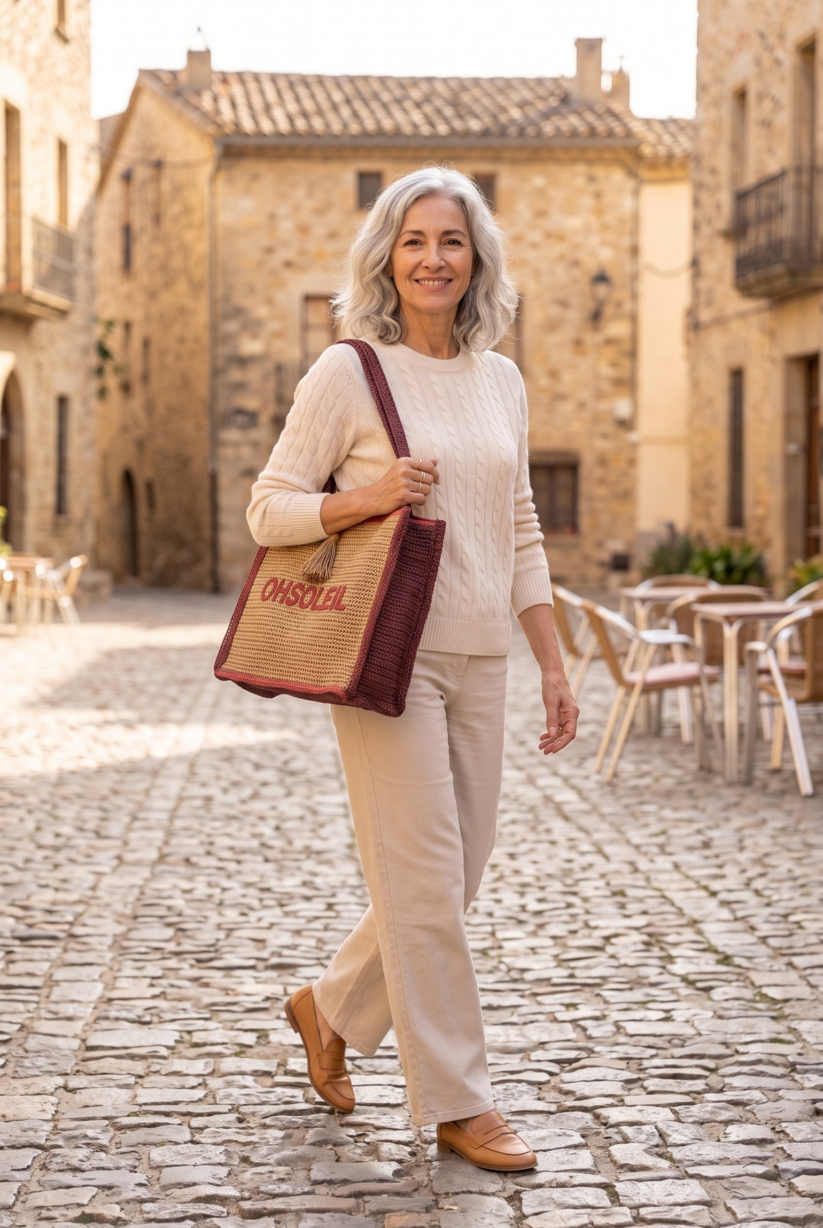 ARLETTE — bolso shopper estilo rafia de paja camel y burdeos con bordado "Oh Soleil", en una plaza mediterránea