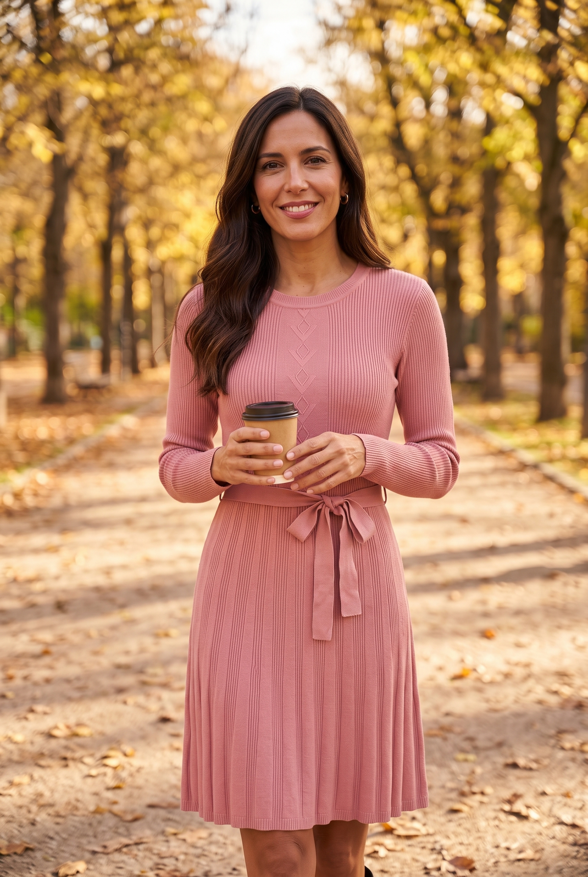 ÉGLANTINE — vestido jersey rosa en un parque en otoño