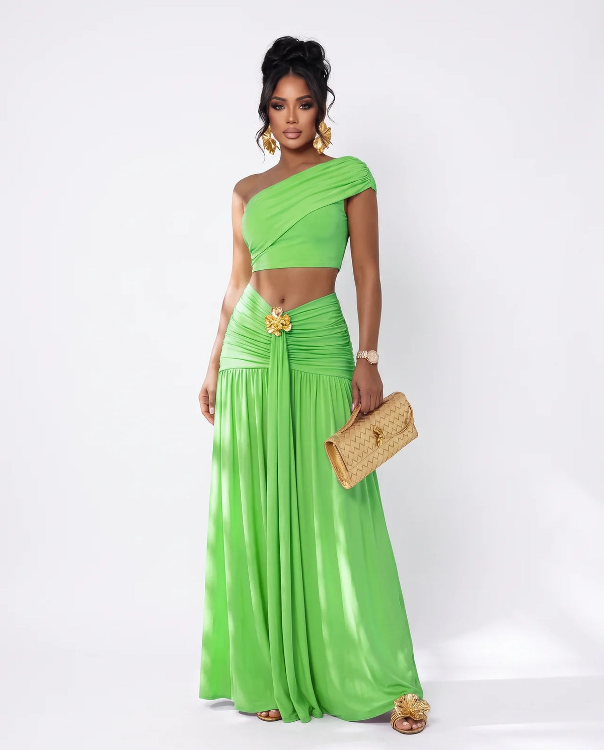 ATHÉNA | Ensemble top asymétrique une épaule et jupe longue froncée