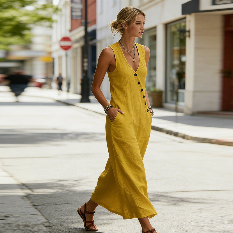 LOUISON | Robe longue en coton-lin à poches, boutons asymétriques