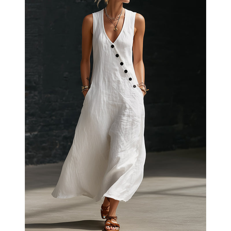 LOUISON | Robe longue en coton-lin à poches, boutons asymétriques