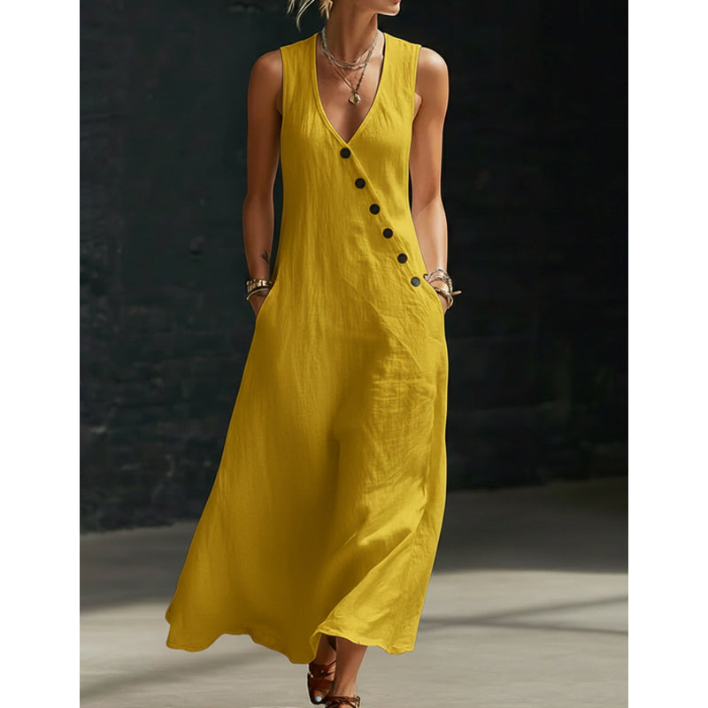 LOUISON | Robe longue en coton-lin à poches, boutons asymétriques