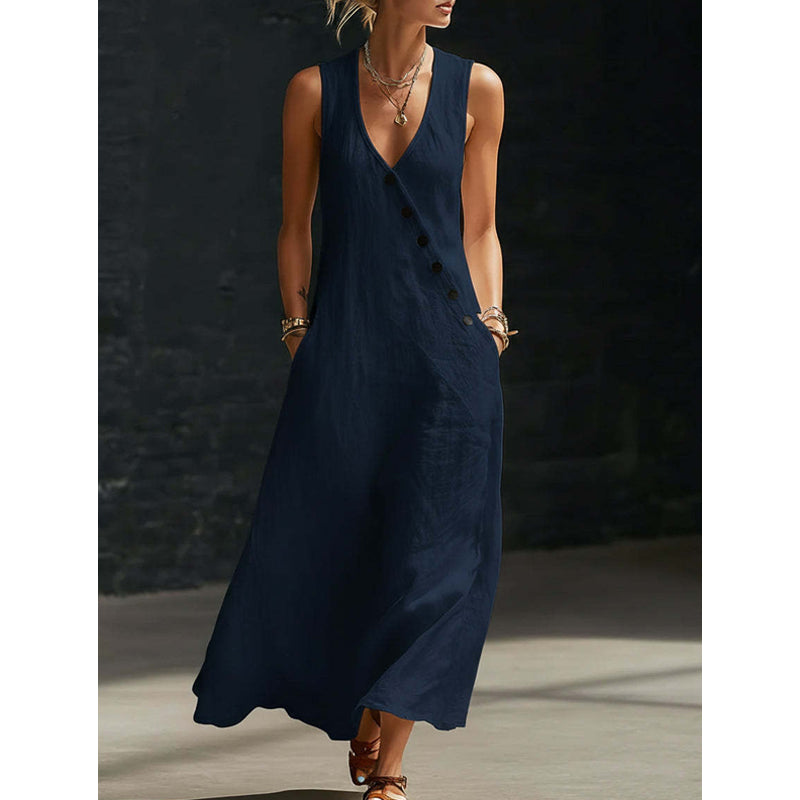 LOUISON | Robe longue en coton-lin à poches, boutons asymétriques