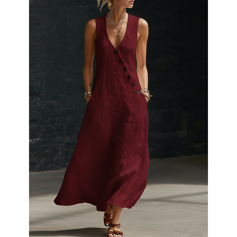 LOUISON | Robe longue en coton-lin à poches, boutons asymétriques