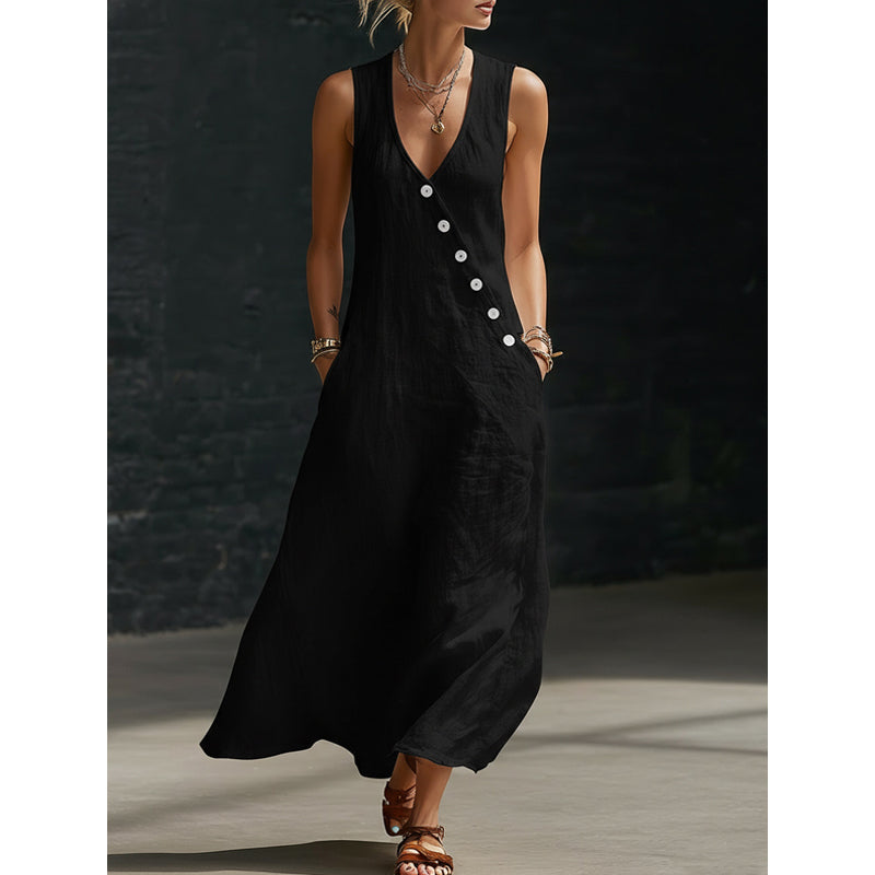 LOUISON | Robe longue en coton-lin à poches, boutons asymétriques