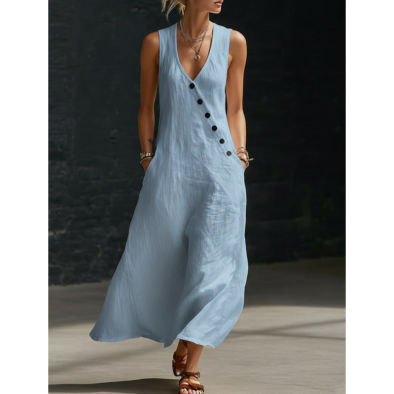 LOUISON | Robe longue en coton-lin à poches, boutons asymétriques