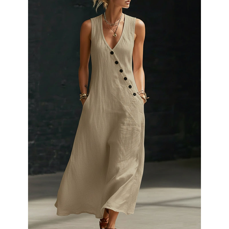 LOUISON | Robe longue en coton-lin à poches, boutons asymétriques