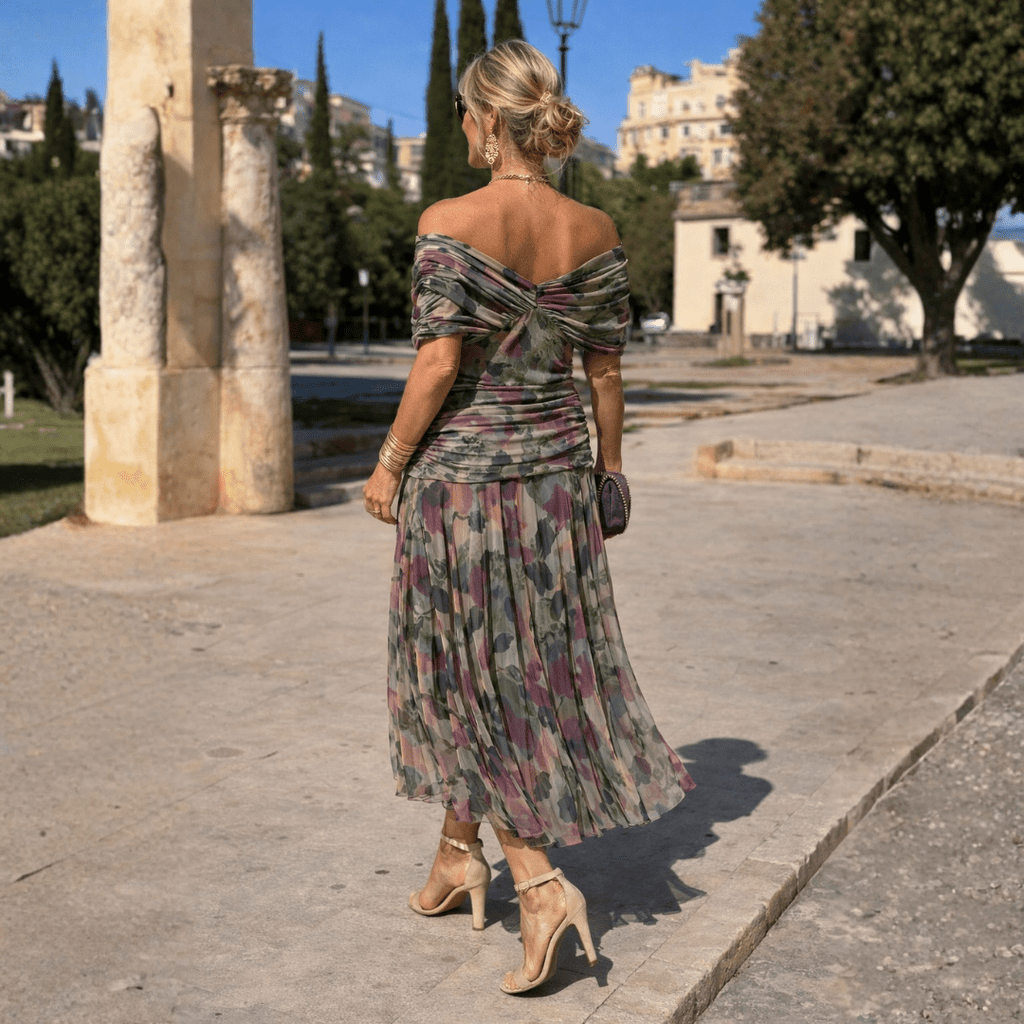 ALIÉNOR | Robe longue épaules dénudées en mousseline drapée
