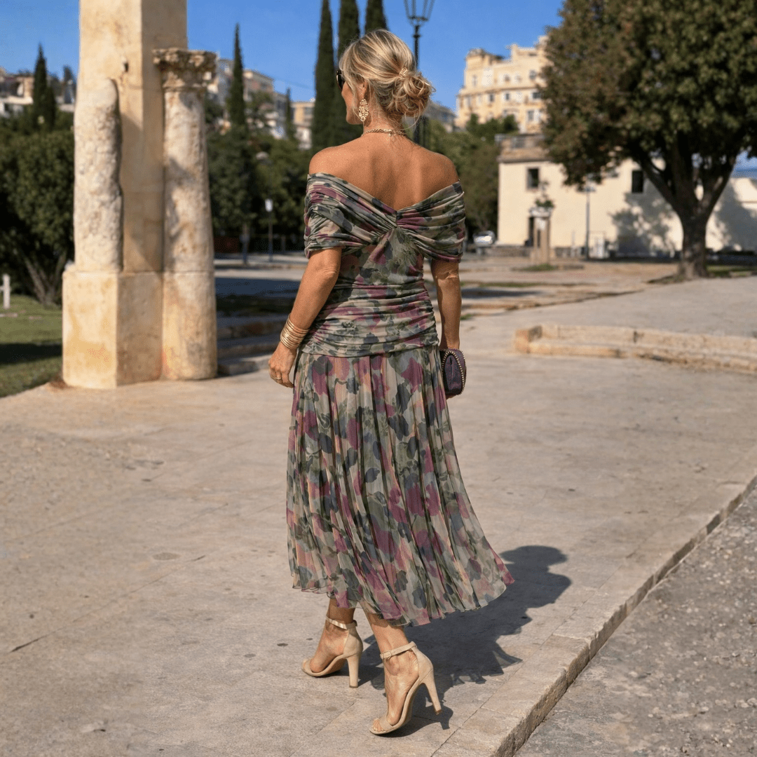 ALIÉNOR | Robe longue épaules dénudées en mousseline drapée