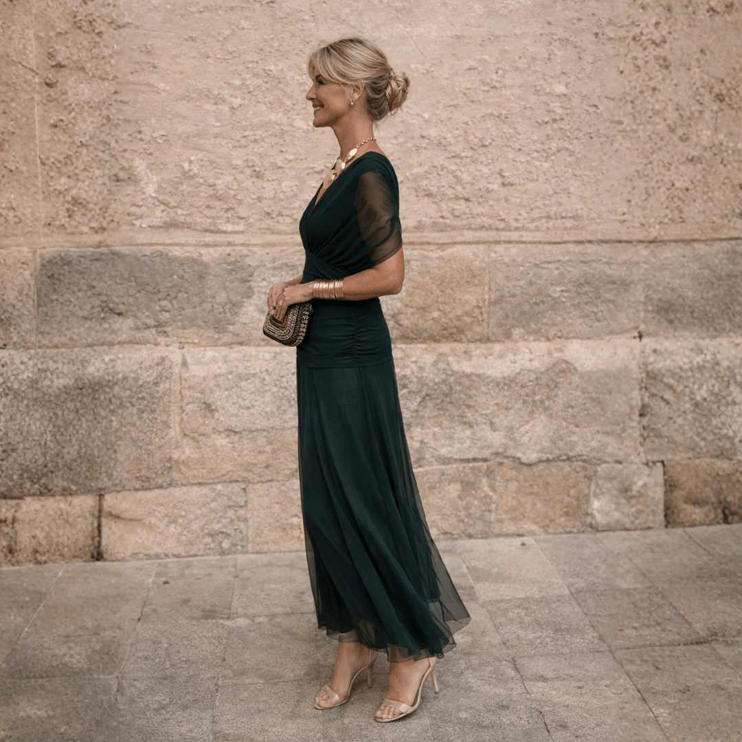 ALIÉNOR | Robe longue épaules dénudées en mousseline drapée