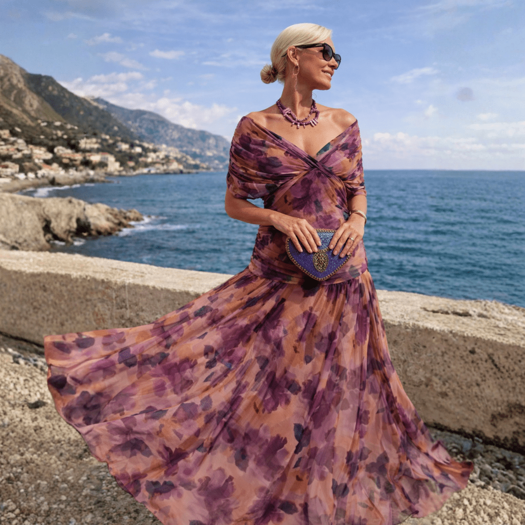 ALIÉNOR | Robe longue épaules dénudées en mousseline drapée
