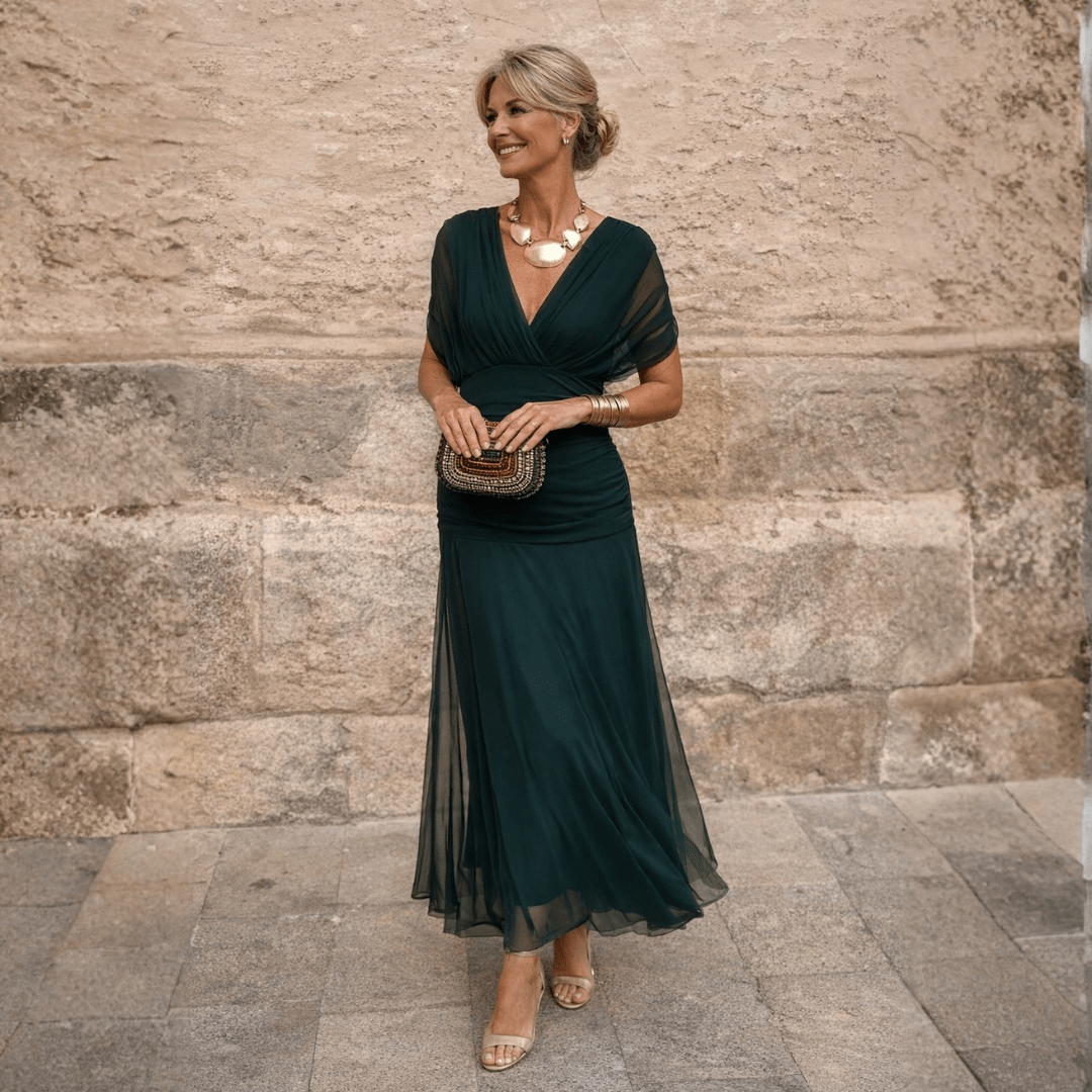 ALIÉNOR | Robe longue épaules dénudées en mousseline drapée